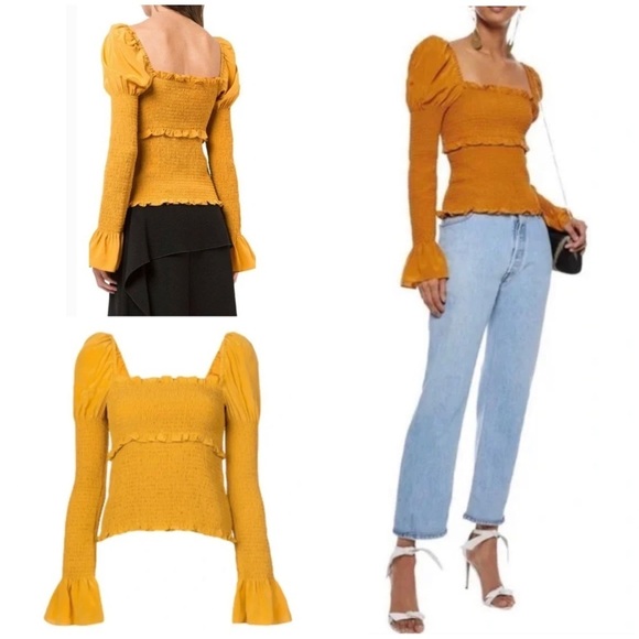 cinq a sept Tops - EUC Cinq a Sept 100% Silk Ellis Puff Shoulder Smocked Marigold Yellow Blouse XS‍